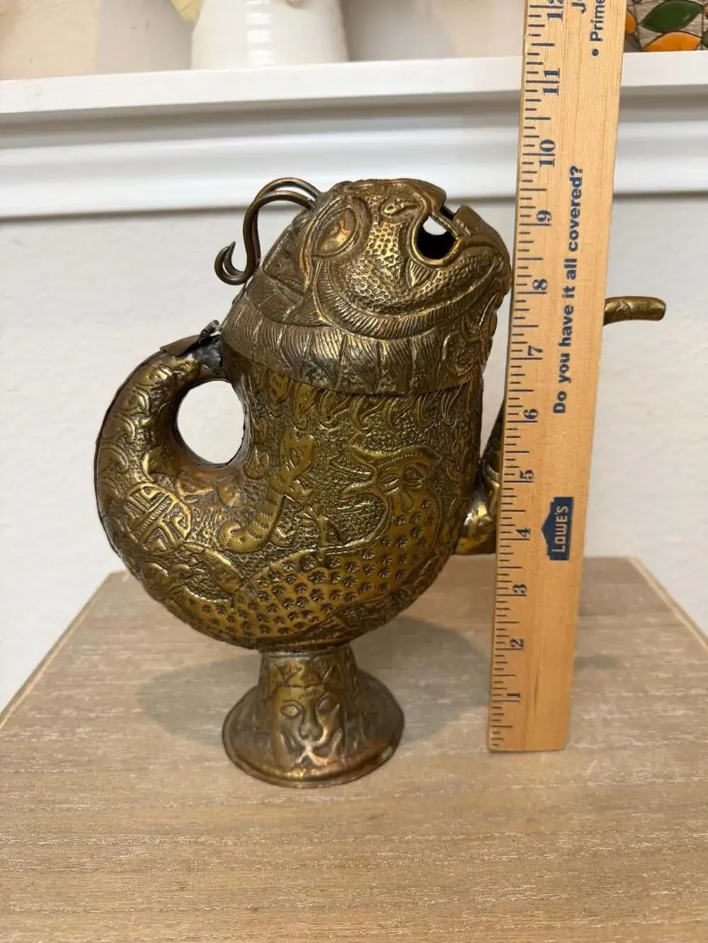 Vintage Hand-Carved Brass Fish Teapot Flagon with Pedestal Base